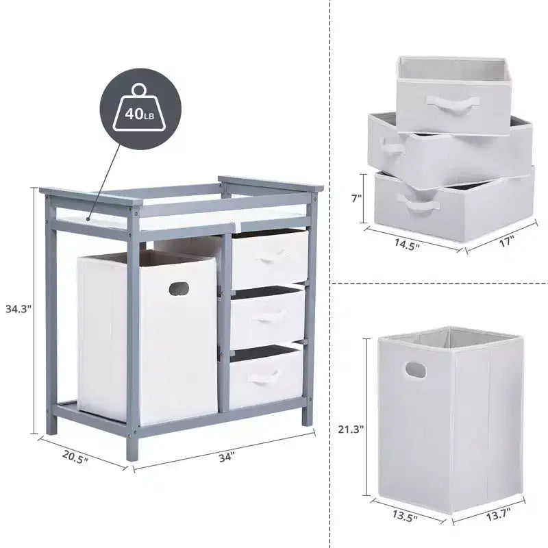 Table à Langer en Bois, Table à Langer Moderne, Commode à Langer pour Bébé avec Panier à Linge, 3 Tiroirs-Paniers