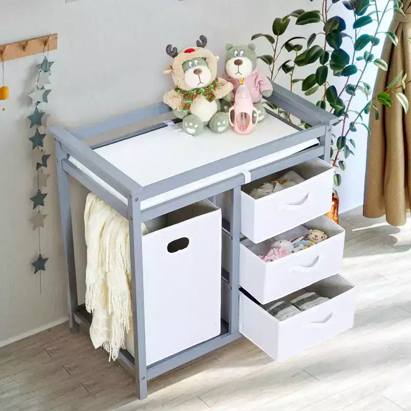 Table à Langer en Bois, Table à Langer Moderne, Commode à Langer pour Bébé avec Panier à Linge, 3 Tiroirs-Paniers