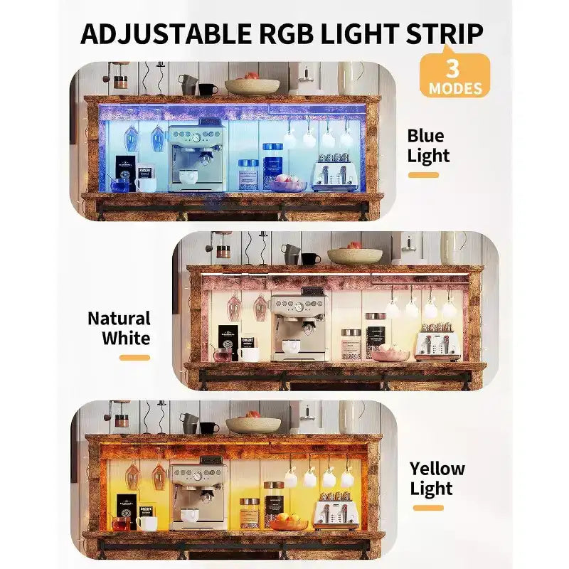55 Armoire de bar à café de ferme noire - Prise de courant et lumière LED, porte coulissante de grange, casier à vin de 12 bouteilles, tiroirs à 2 niveaux