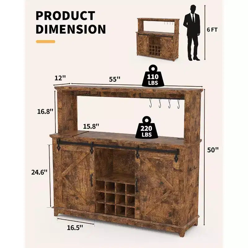 55 Armoire de bar à café de ferme noire - Prise de courant et lumière LED, porte coulissante de grange, casier à vin de 12 bouteilles, tiroirs à 2 niveaux