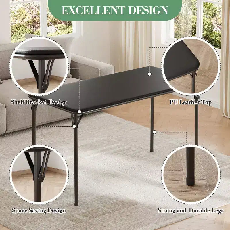Table pliante de 47", table de cartes portable robuste avec plateau en cuir PU et pieds en métal, aucun assemblage requis, utilisation intérieure et extérieure