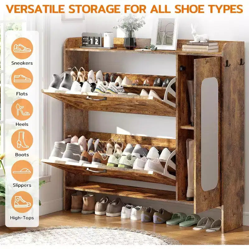 Meuble de rangement pour chaussures avec 2 tiroirs basculants et meuble latéral, étagère à chaussures avec miroir et étagères réglables, marron foncé