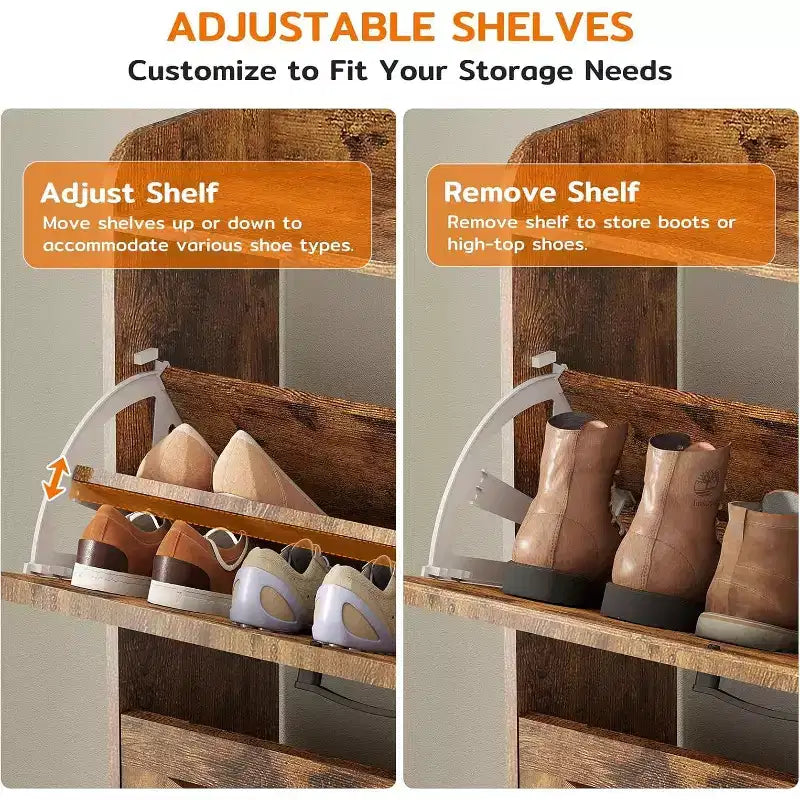 Meuble de rangement pour chaussures avec 2 tiroirs basculants et meuble latéral, étagère à chaussures avec miroir et étagères réglables, marron foncé