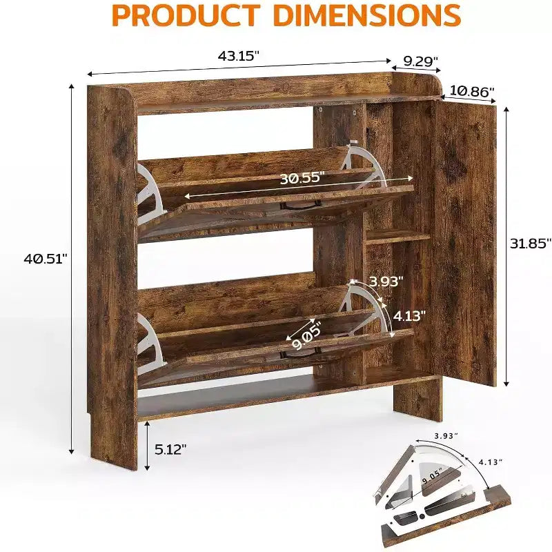 Meuble de rangement pour chaussures avec 2 tiroirs basculants et meuble latéral, étagère à chaussures avec miroir et étagères réglables, marron foncé
