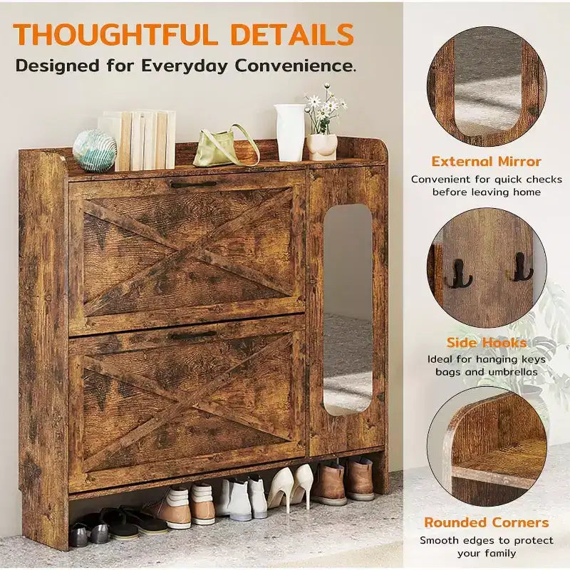 Meuble de rangement pour chaussures avec 2 tiroirs basculants et meuble latéral, étagère à chaussures avec miroir et étagères réglables, marron foncé