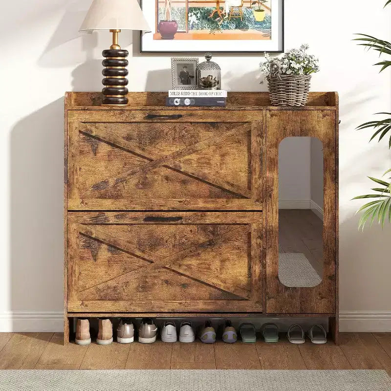 Meuble de rangement pour chaussures avec 2 tiroirs basculants et meuble latéral, étagère à chaussures avec miroir et étagères réglables, marron foncé