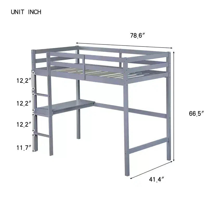Lit mezzanine double avec bureau, lit mezzanine pour enfants, garçons, filles, cadre de lit mezzanine en bois, bureau et échelle intégrés, bois d'hévéa gris