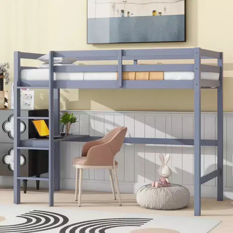 Lit mezzanine double avec bureau, lit mezzanine pour enfants, garçons, filles, cadre de lit mezzanine en bois, bureau et échelle intégrés, bois d'hévéa gris
