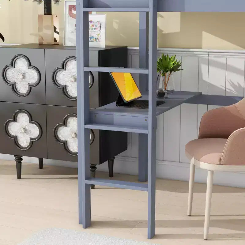 Lit mezzanine double avec bureau, lit mezzanine pour enfants, garçons, filles, cadre de lit mezzanine en bois, bureau et échelle intégrés, bois d'hévéa gris