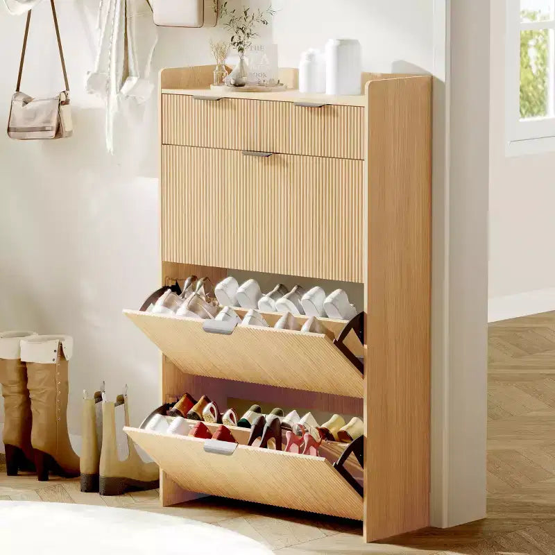 Meuble à chaussures fin avec 3 tiroirs basculants et 2 petits tiroirs, organisateur de rangement de chaussures dissimulé autoportant pour entrée, couloir, salon