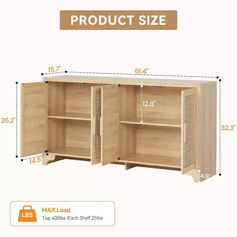 Buffet bahut 4 portes en rotin naturel