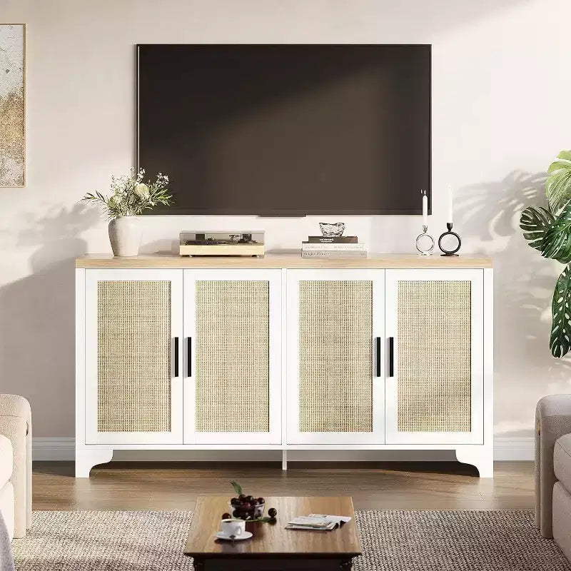 Buffet bahut 4 portes en rotin naturel