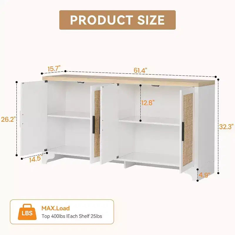 Buffet bahut 4 portes en rotin naturel