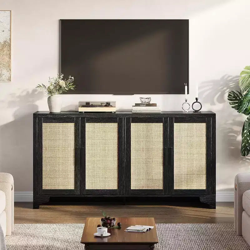Buffet bahut 4 portes en rotin naturel