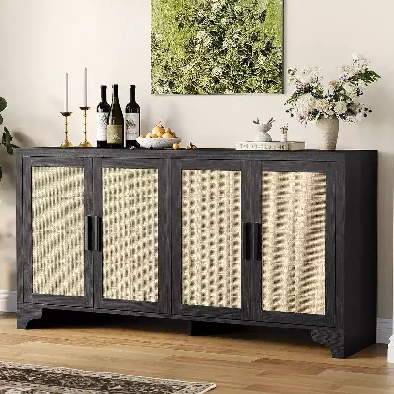 Buffet bahut 4 portes en rotin naturel