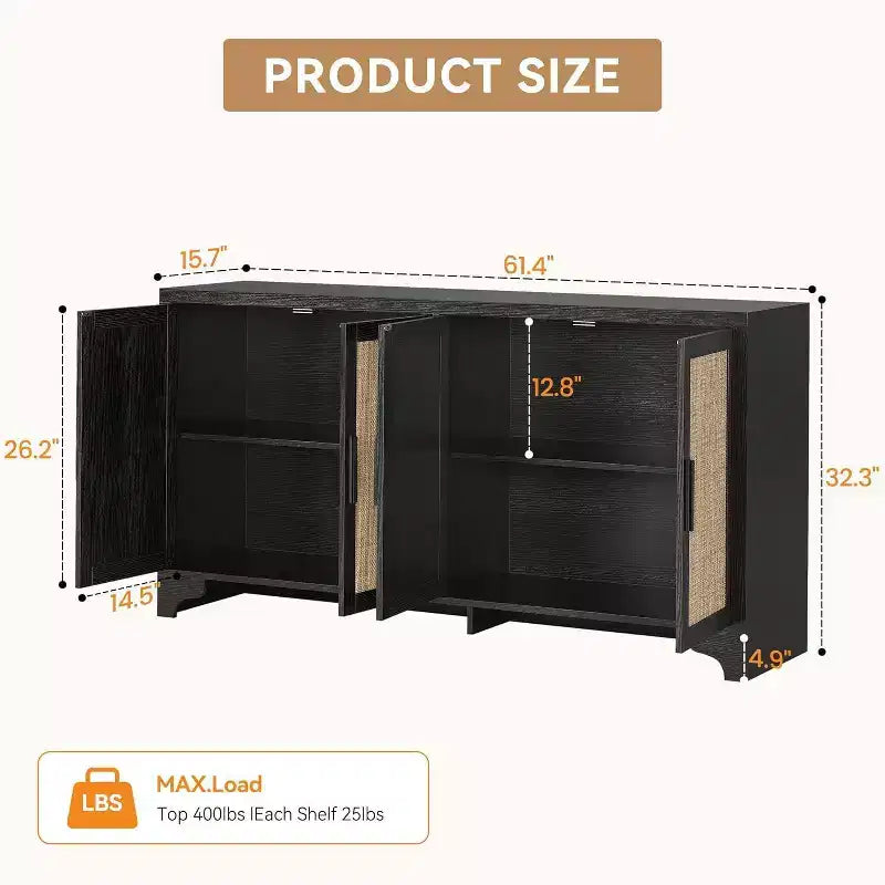 Buffet bahut 4 portes en rotin naturel