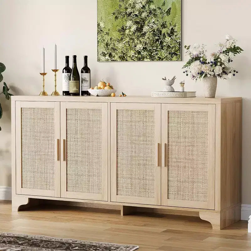 Buffet bahut 4 portes en rotin naturel