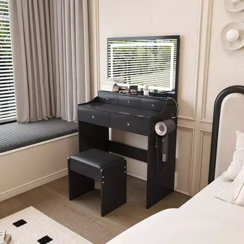 Coiffeuse moderne avec grand miroir et lumières, table de maquillage avec tiroirs de rangement