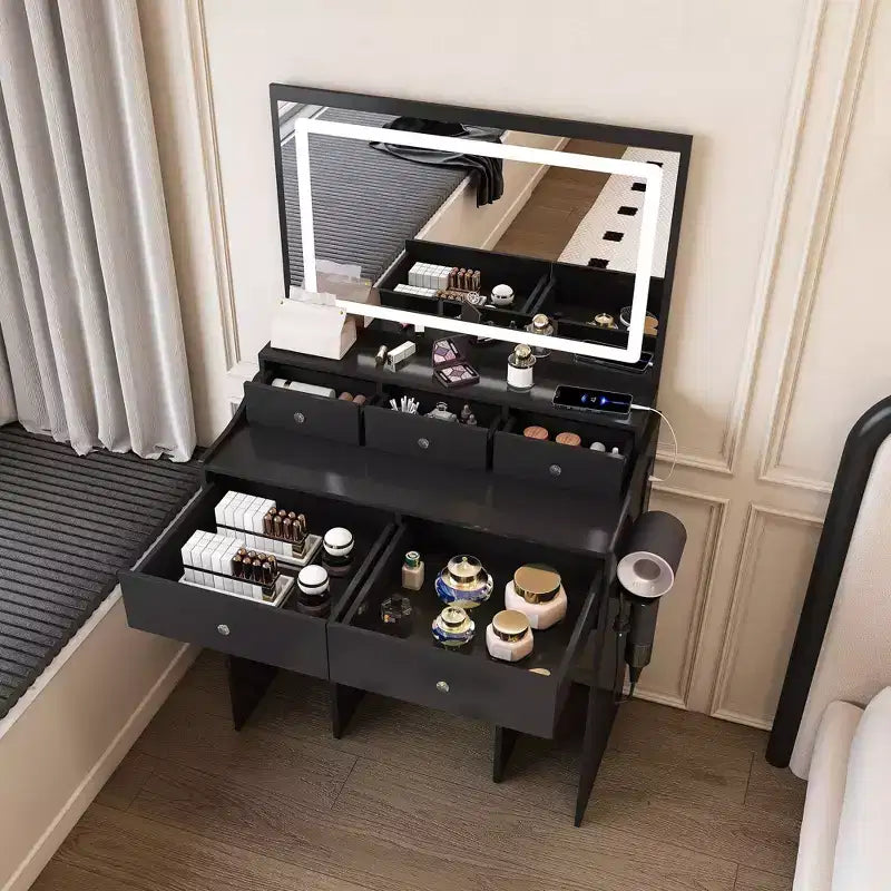 Coiffeuse moderne avec grand miroir et lumières, table de maquillage avec tiroirs de rangement