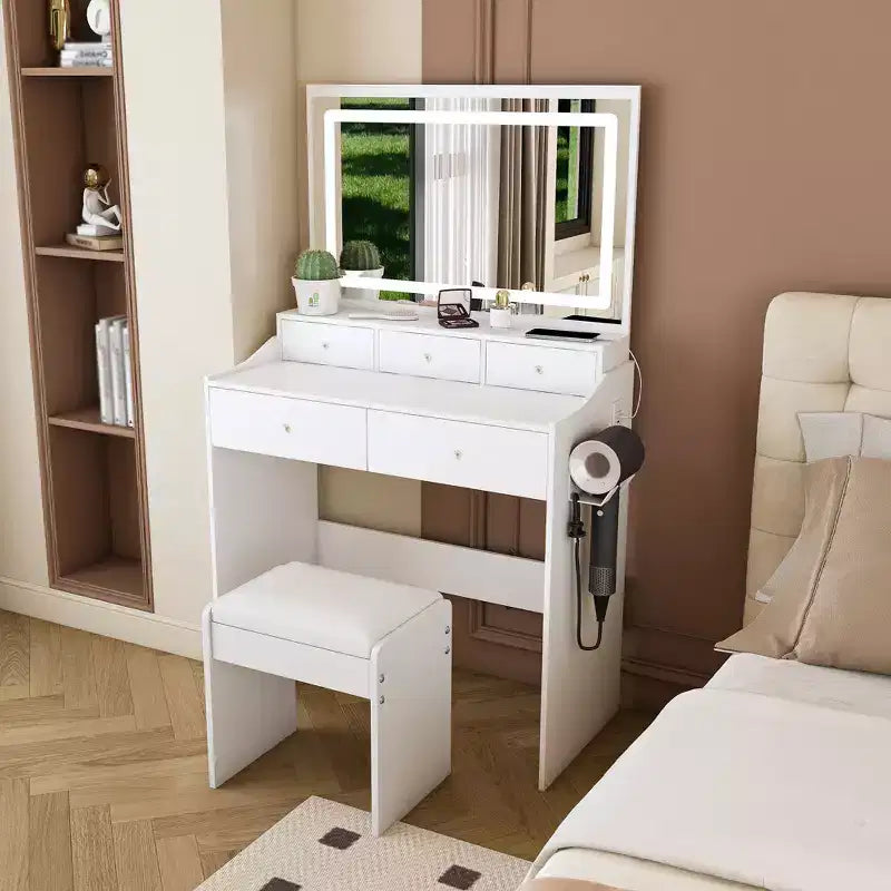 Coiffeuse moderne avec grand miroir et lumières, table de maquillage avec tiroirs de rangement