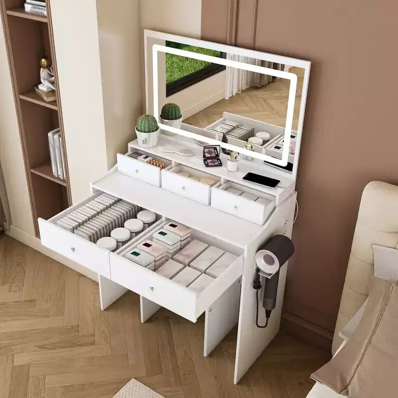 Coiffeuse moderne avec grand miroir et lumières, table de maquillage avec tiroirs de rangement
