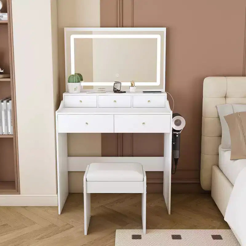 Coiffeuse moderne avec grand miroir et lumières, table de maquillage avec tiroirs de rangement