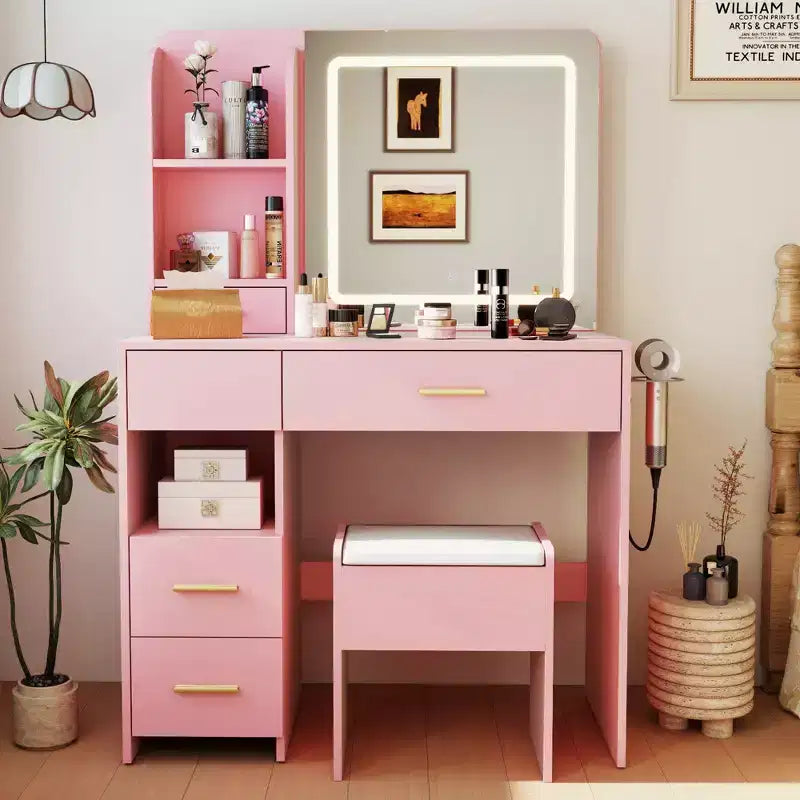 Coiffeuse lumineuse avec miroir, 3 étagères de rangement, 5 grands tiroirs et prise électrique