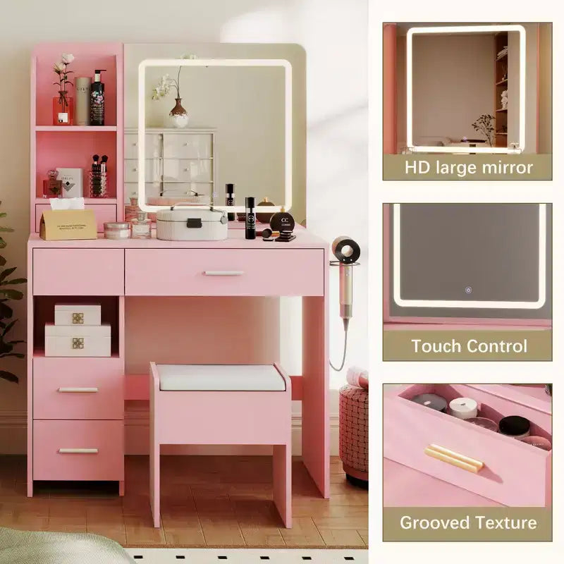 Coiffeuse lumineuse avec miroir, 3 étagères de rangement, 5 grands tiroirs et prise électrique