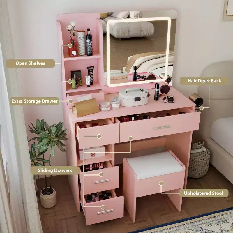 Coiffeuse lumineuse avec miroir, 3 étagères de rangement, 5 grands tiroirs et prise électrique
