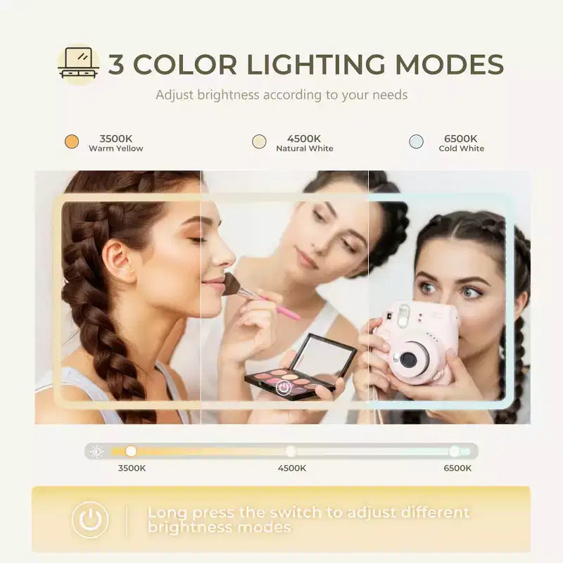 Coiffeuse lumineuse avec miroir, 3 étagères de rangement, 5 grands tiroirs et prise électrique
