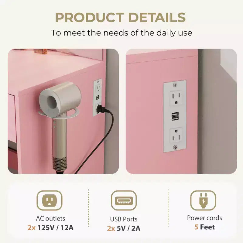 Coiffeuse lumineuse avec miroir, 3 étagères de rangement, 5 grands tiroirs et prise électrique