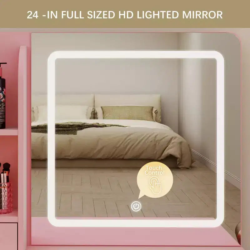 Coiffeuse lumineuse avec miroir, 3 étagères de rangement, 5 grands tiroirs et prise électrique
