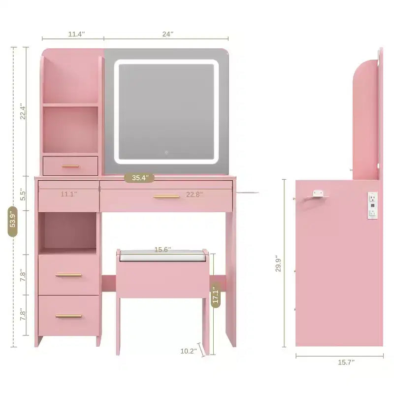 Coiffeuse lumineuse avec miroir, 3 étagères de rangement, 5 grands tiroirs et prise électrique