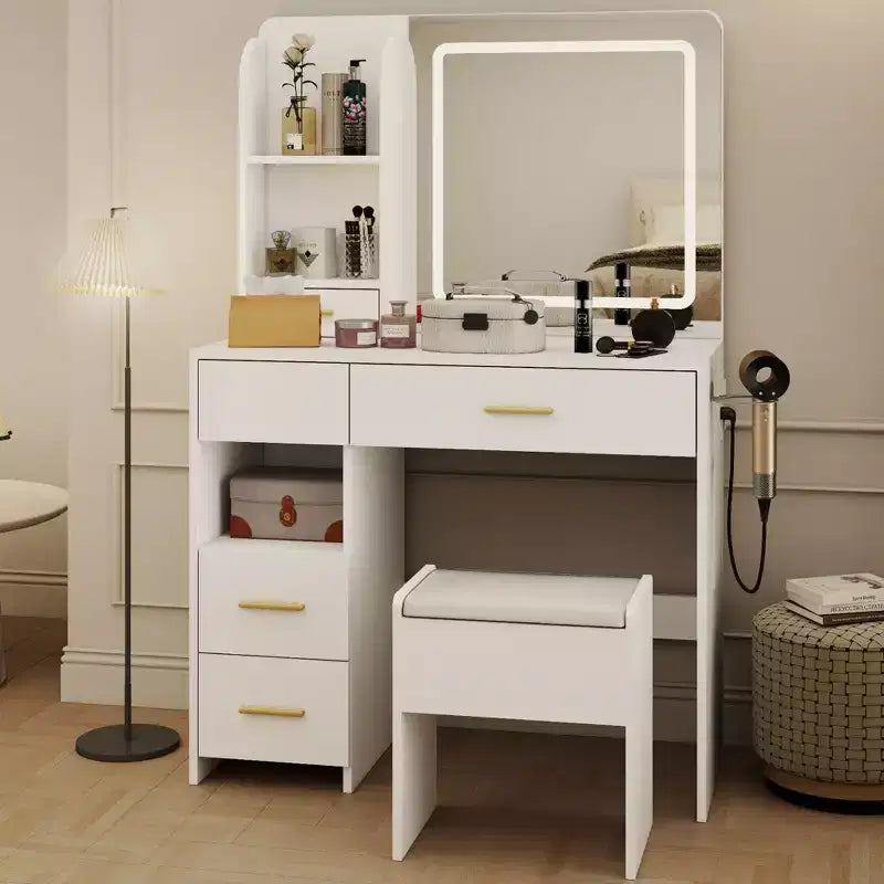 Coiffeuse lumineuse avec miroir, 3 étagères de rangement, 5 grands tiroirs et prise électrique