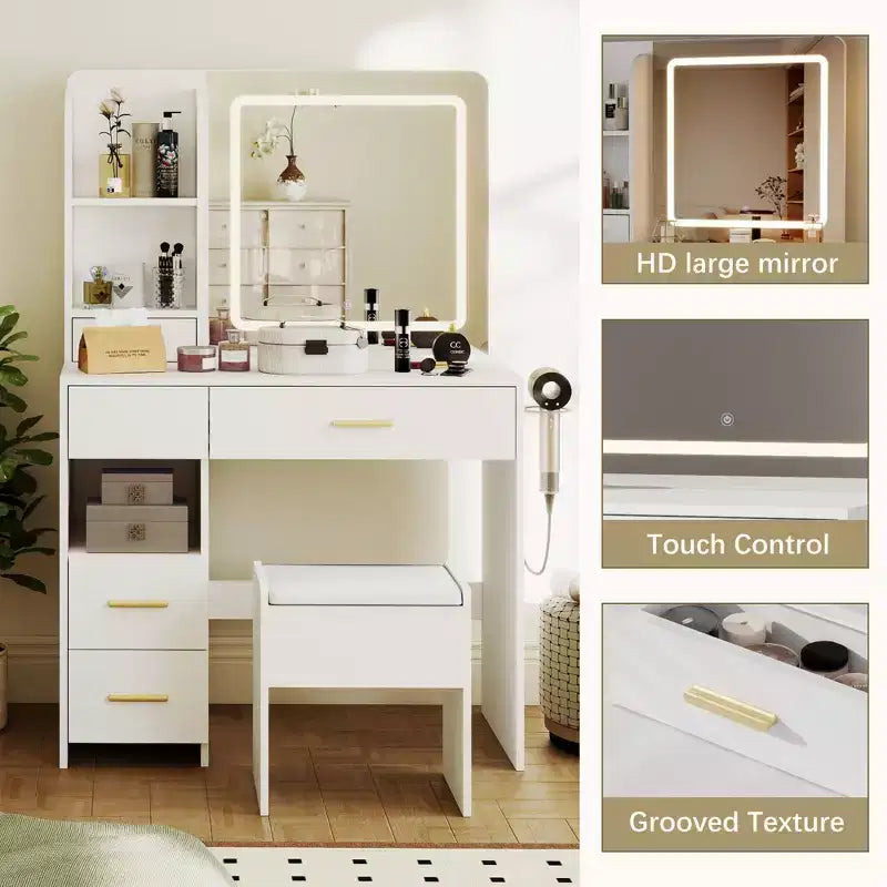 Coiffeuse lumineuse avec miroir, 3 étagères de rangement, 5 grands tiroirs et prise électrique