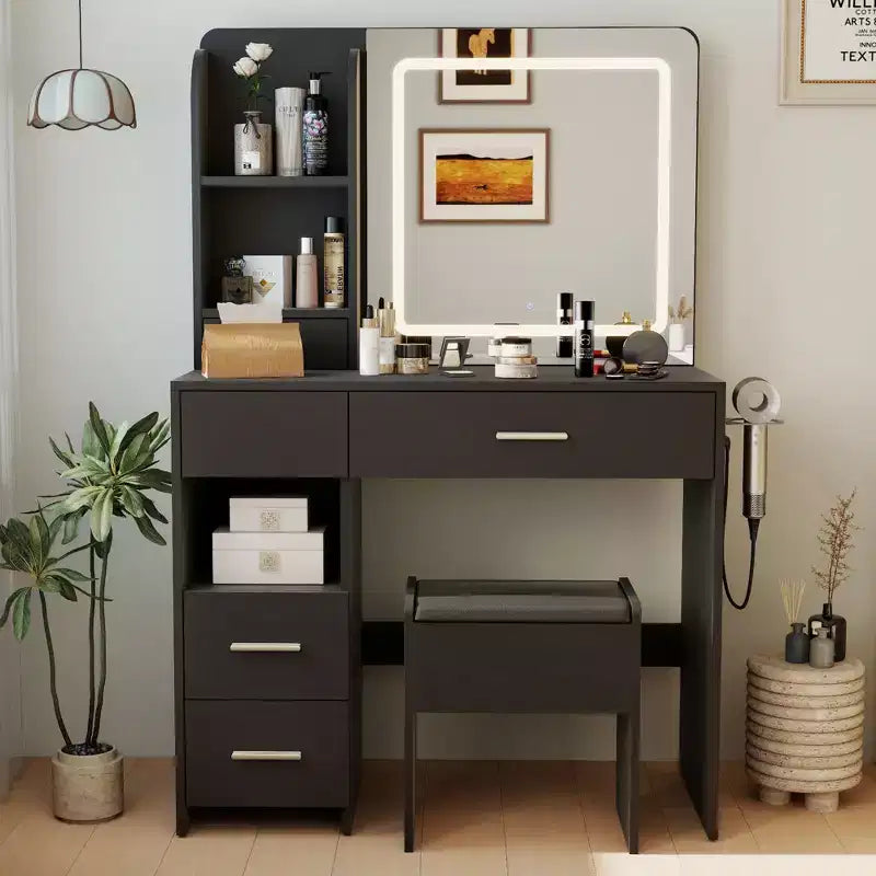 Coiffeuse lumineuse avec miroir, 3 étagères de rangement, 5 grands tiroirs et prise électrique
