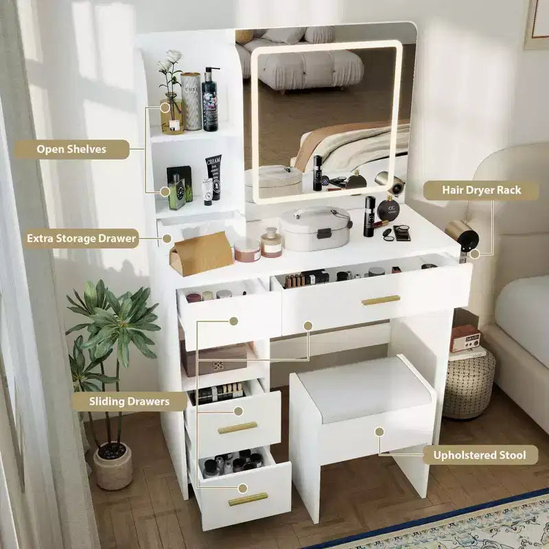 Coiffeuse lumineuse avec miroir, 3 étagères de rangement, 5 grands tiroirs et prise électrique