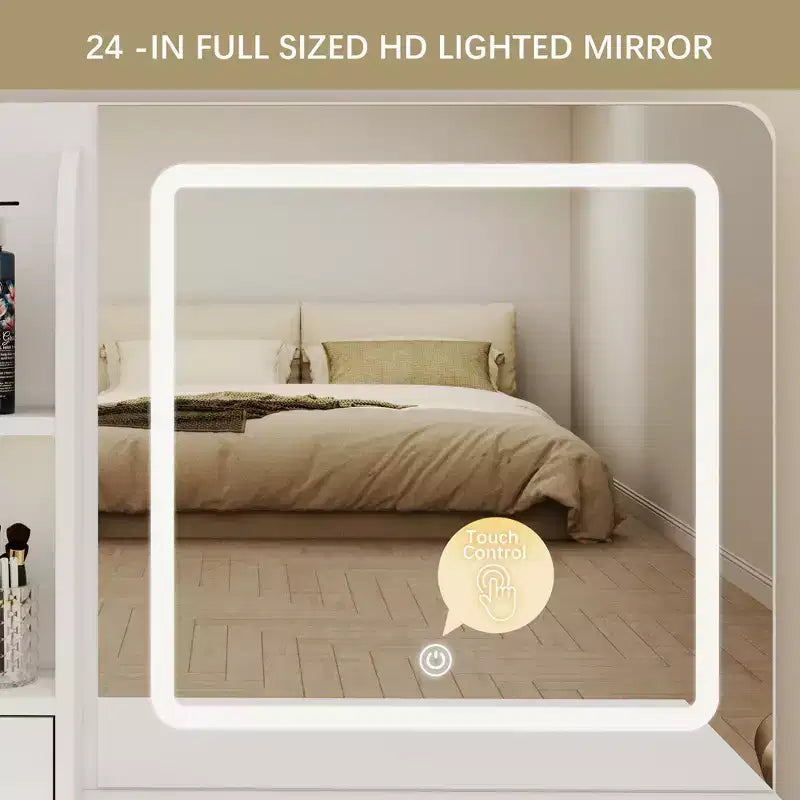 Coiffeuse lumineuse avec miroir, 3 étagères de rangement, 5 grands tiroirs et prise électrique