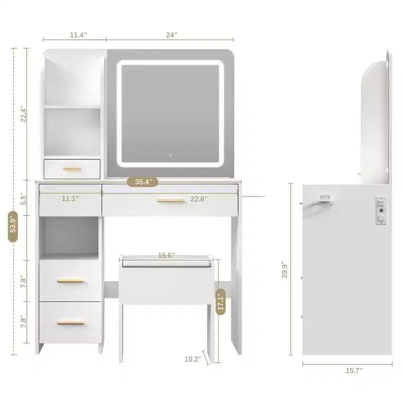 Coiffeuse lumineuse avec miroir, 3 étagères de rangement, 5 grands tiroirs et prise électrique