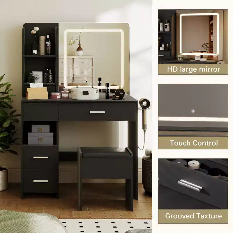 Coiffeuse lumineuse avec miroir, 3 étagères de rangement, 5 grands tiroirs et prise électrique