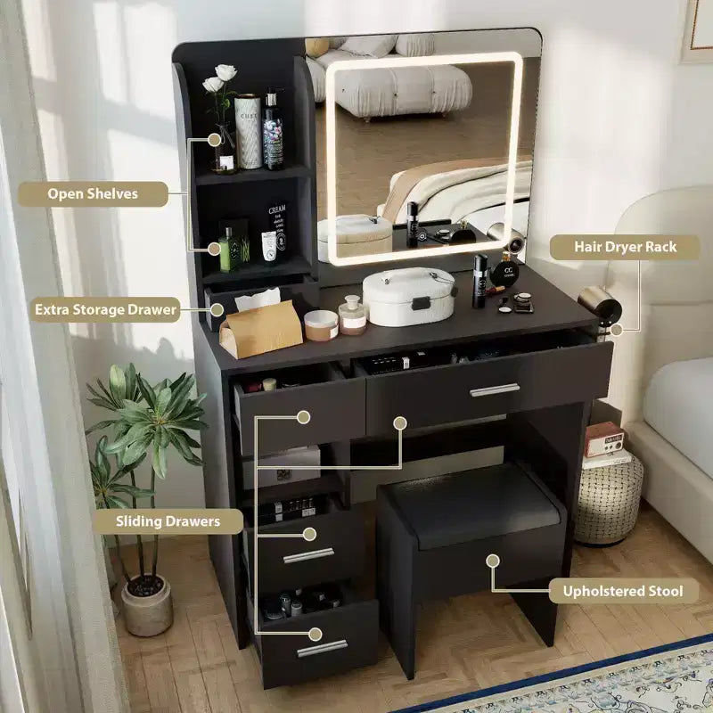 Coiffeuse lumineuse avec miroir, 3 étagères de rangement, 5 grands tiroirs et prise électrique