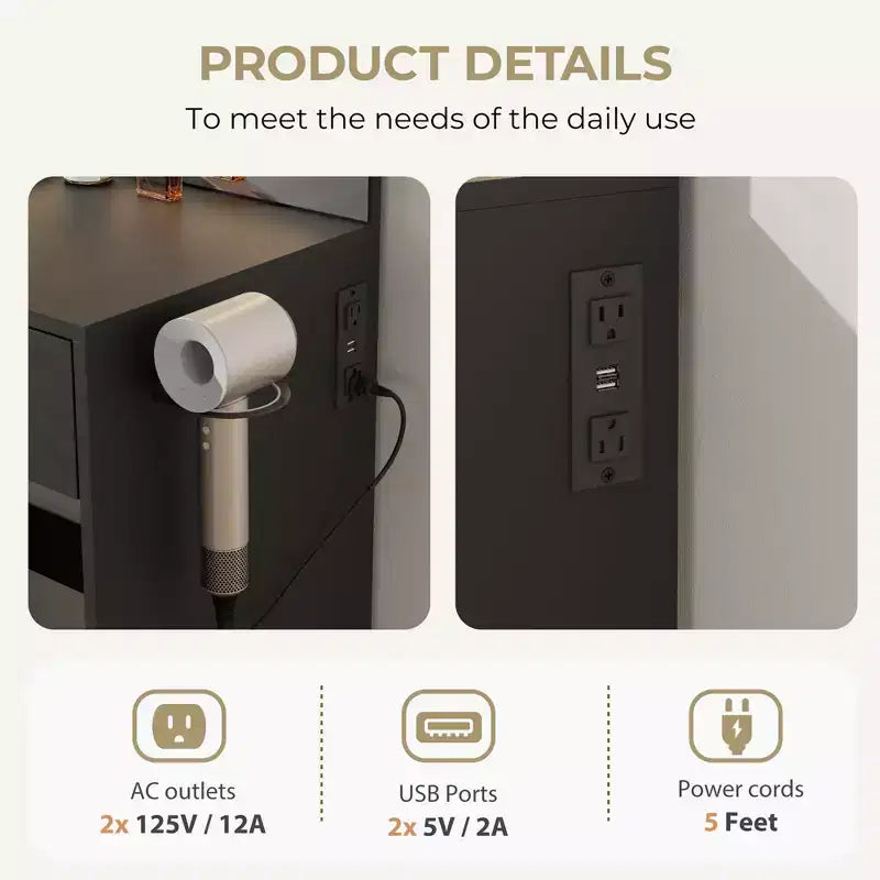 Coiffeuse lumineuse avec miroir, 3 étagères de rangement, 5 grands tiroirs et prise électrique