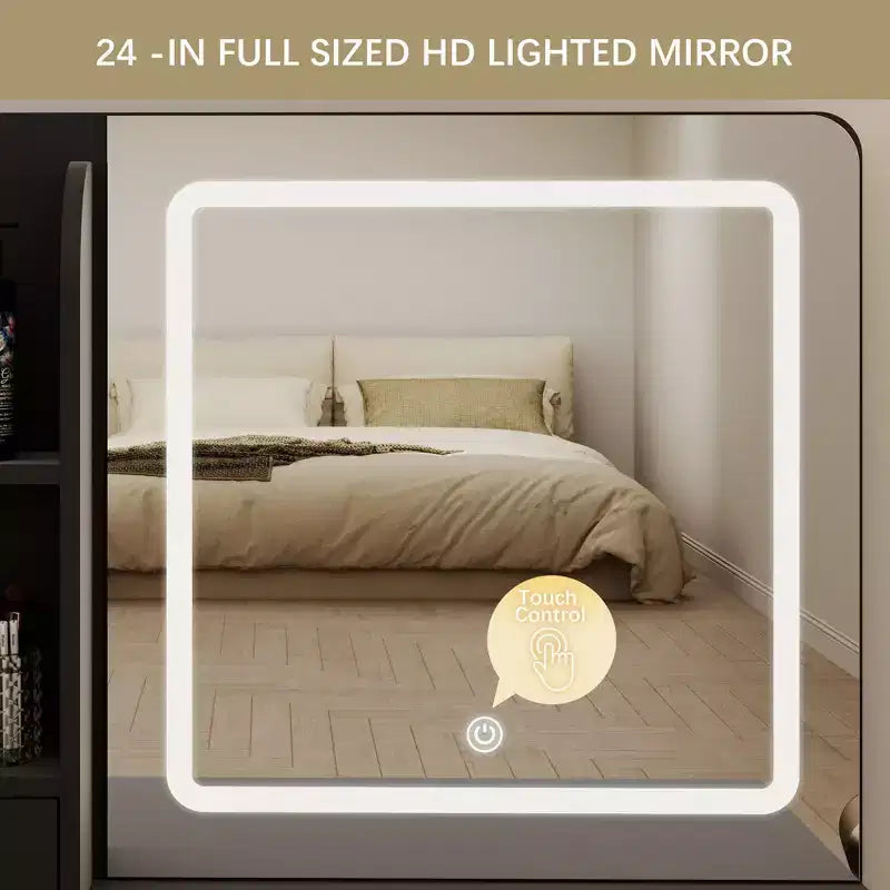 Coiffeuse lumineuse avec miroir, 3 étagères de rangement, 5 grands tiroirs et prise électrique