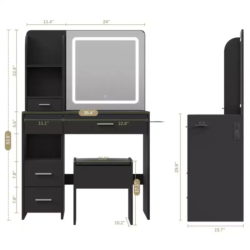 Coiffeuse lumineuse avec miroir, 3 étagères de rangement, 5 grands tiroirs et prise électrique