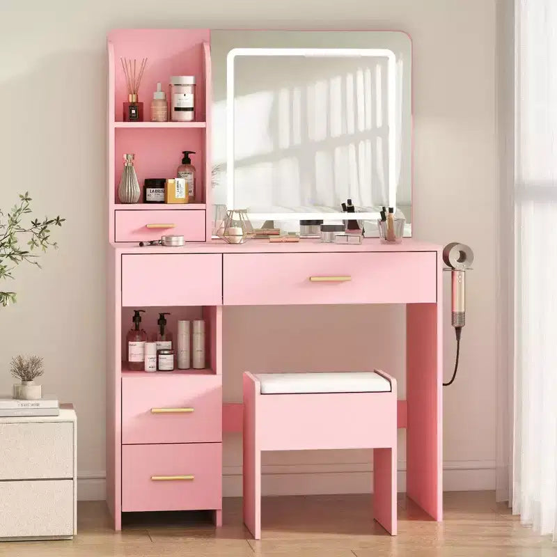 Coiffeuse lumineuse avec miroir, 3 étagères de rangement, 5 grands tiroirs et prise électrique