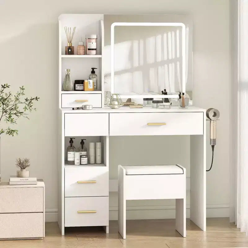 Coiffeuse lumineuse avec miroir, 3 étagères de rangement, 5 grands tiroirs et prise électrique