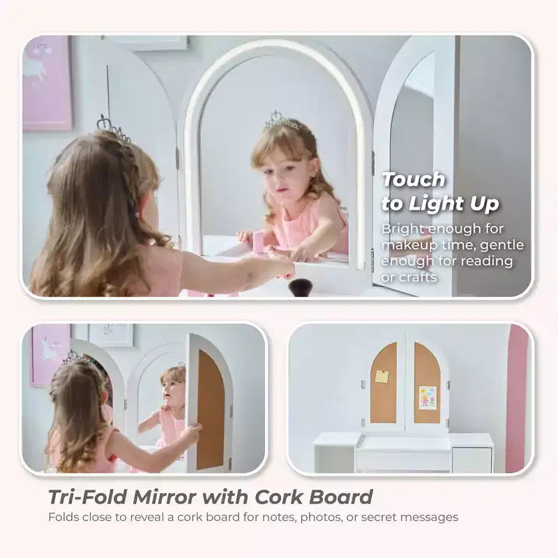 Coiffeuse en bois avec miroir LED, blanche