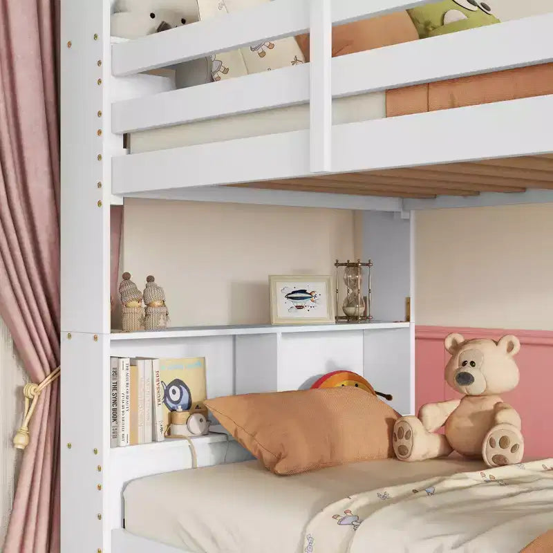Lit superposé jumeau sur jumeau avec étagères de rangement, lits superposés pour enfants en bois d'hévéa avec garde-corps de sécurité et échelle, lit jumeau pour chambre à coucher