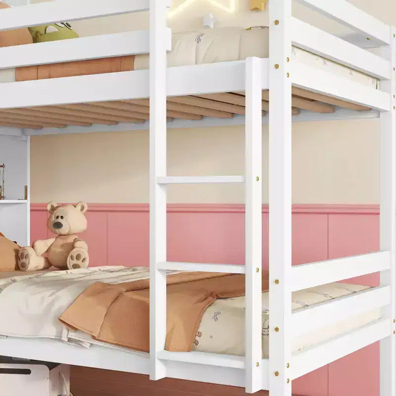 Lit superposé jumeau sur jumeau avec étagères de rangement, lits superposés pour enfants en bois d'hévéa avec garde-corps de sécurité et échelle, lit jumeau pour chambre à coucher