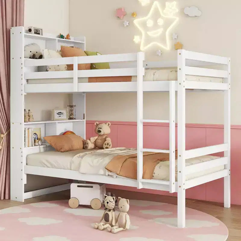 Lit superposé jumeau sur jumeau avec étagères de rangement, lits superposés pour enfants en bois d'hévéa avec garde-corps de sécurité et échelle, lit jumeau pour chambre à coucher